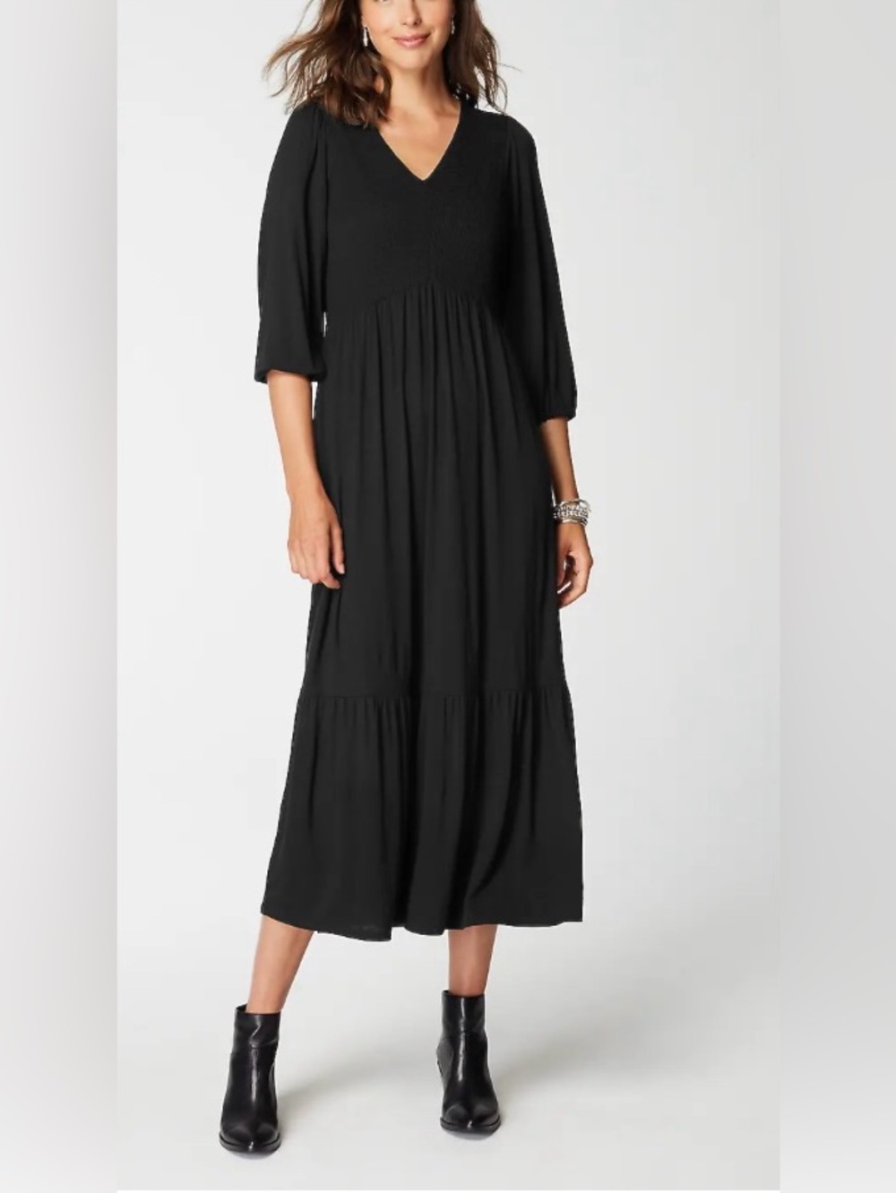 J.Jill Tiered Flounced-Hem Midi Dress Medium Black Minimalist Quiet Luxury - Picture 1 of 8